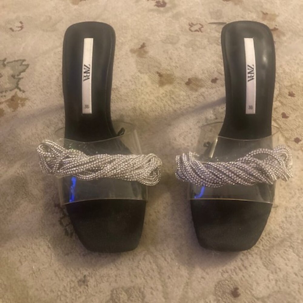 Zara heeled vinyl sandals with shiny clear detail
